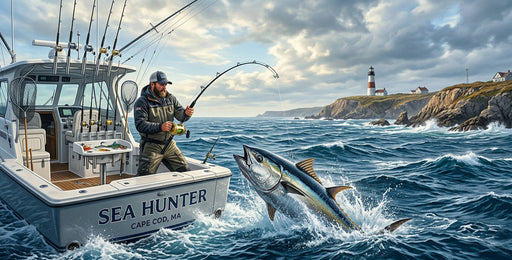 A detailed painterly mural of a fisherman on a boat catching a tuna in choppy deep blue ocean waves near a lighthouse.