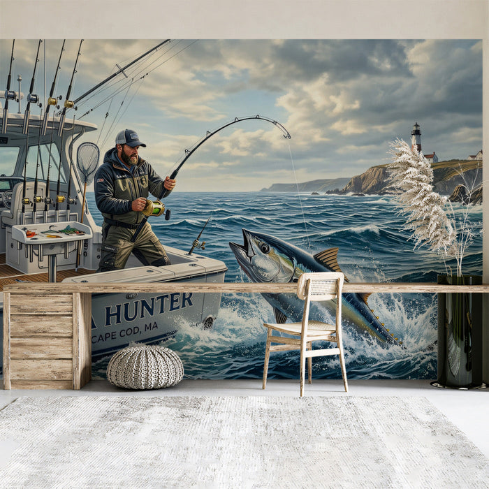 A games room or lounge area wall covered in a wide-format mural of an open sea fishing scene near a rocky coastline.