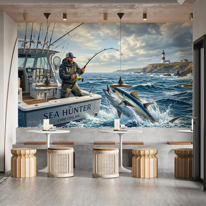 A home office wall featuring a dramatic deep sea fishing mural, styled with dark wood furniture and navy blue accents.