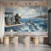 A home office wall featuring a dramatic deep sea fishing mural, styled with dark wood furniture and navy blue accents.