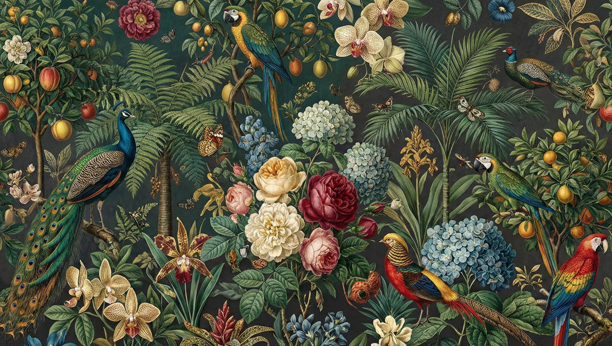 Lush botanical wallpaper with peacocks, parrots, and roses on a deep forest green background