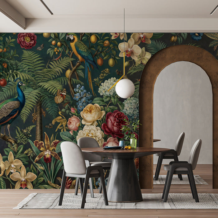 Grand entryway wall decorated with an intricate, colorful tropical forest wallpaper mural
