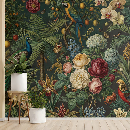 Dining room with exotic bird and floral wallpaper mural and dark wood furniture