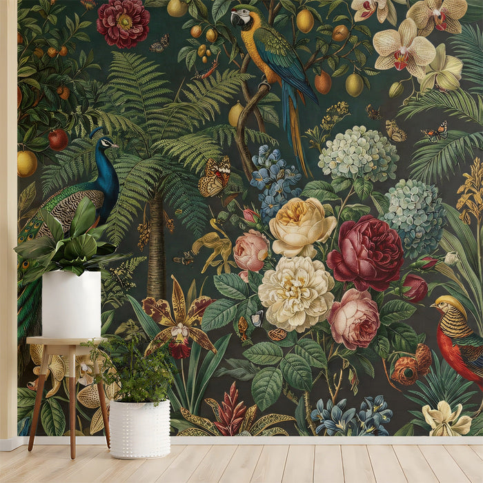 Dining room with exotic bird and floral wallpaper mural and dark wood furniture
