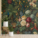 Dining room with exotic bird and floral wallpaper mural and dark wood furniture
