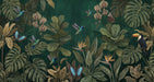 Jungle wallpaper pattern with hummingbirds, toucans, orchids, and monstera leaves on a dark emerald green background