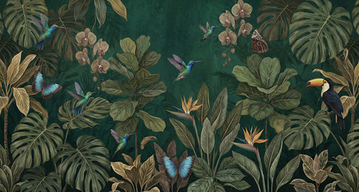 Jungle wallpaper pattern with hummingbirds, toucans, orchids, and monstera leaves on a dark emerald green background