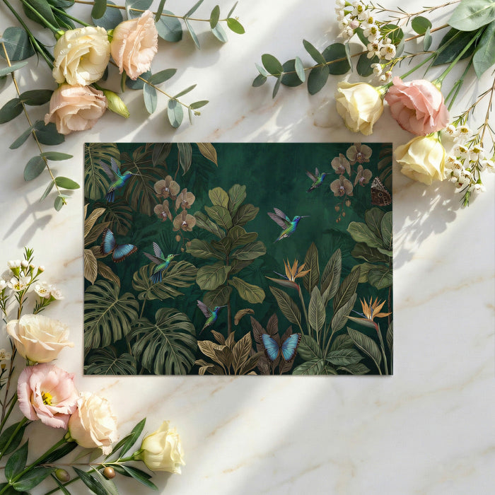 Vibrant jungle nature wallpaper in a modern home office space with green accents