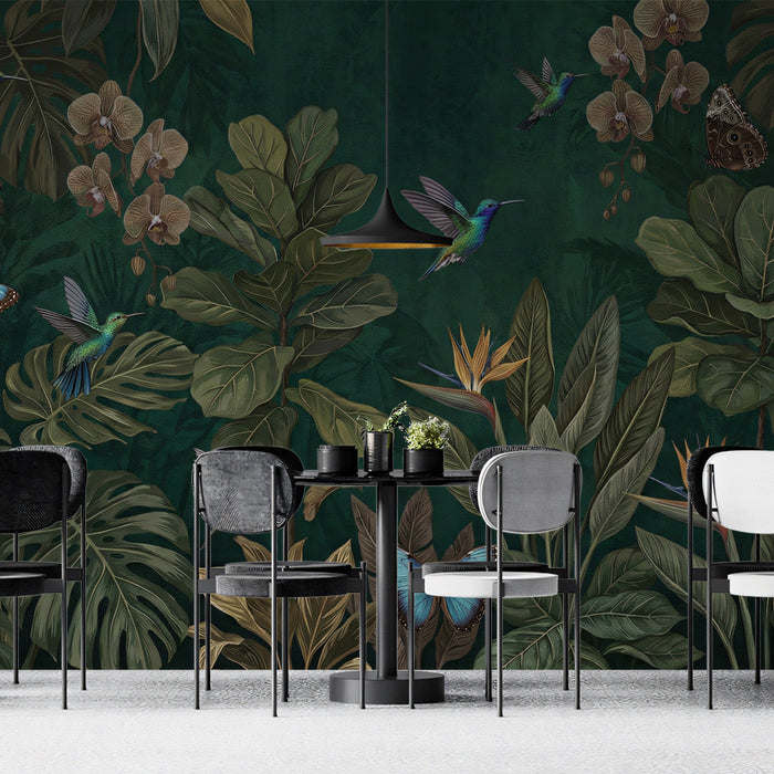Exotic bird and floral mural design styled in an elegant dining room interior