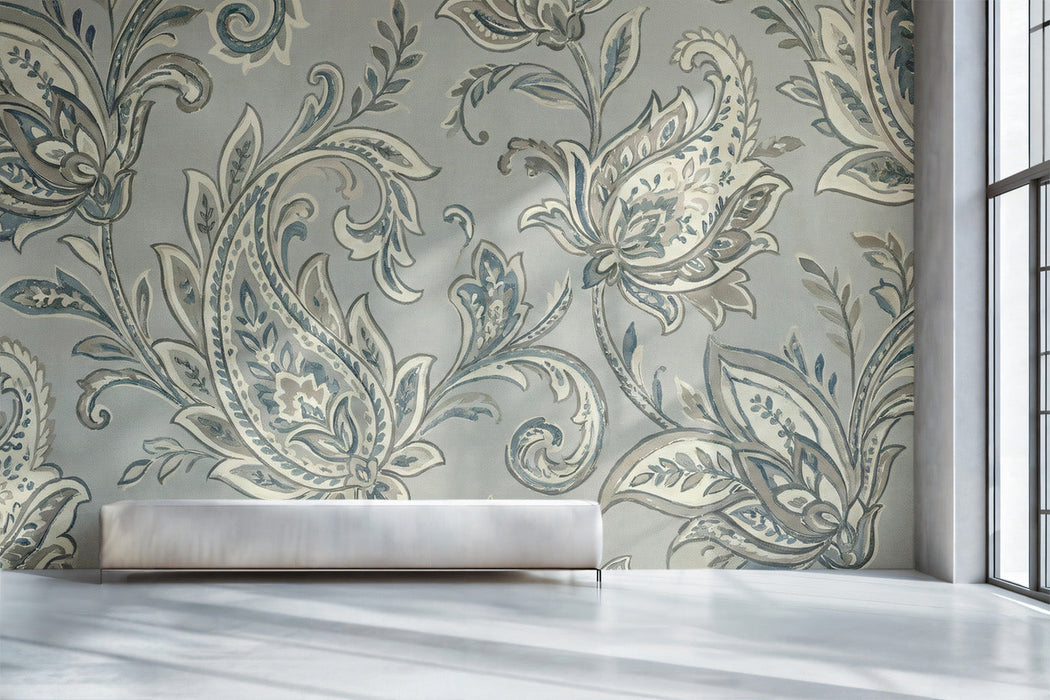 Sophisticated bedroom wall covered in a calming slate blue paisley mural