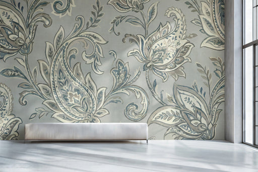 Sophisticated bedroom wall covered in a calming slate blue paisley mural