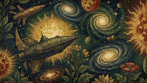 A vintage celestial mural with retro space ships, golden suns, spiraling galaxies, and botanical flowers in deep green and blue.