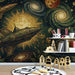 A creative study room interior decorated with a dark, intricate outer space botanical wallpaper design.