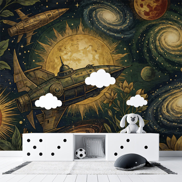 A cozy home office featuring a vintage cosmic botanical wallpaper on the main feature wall.
