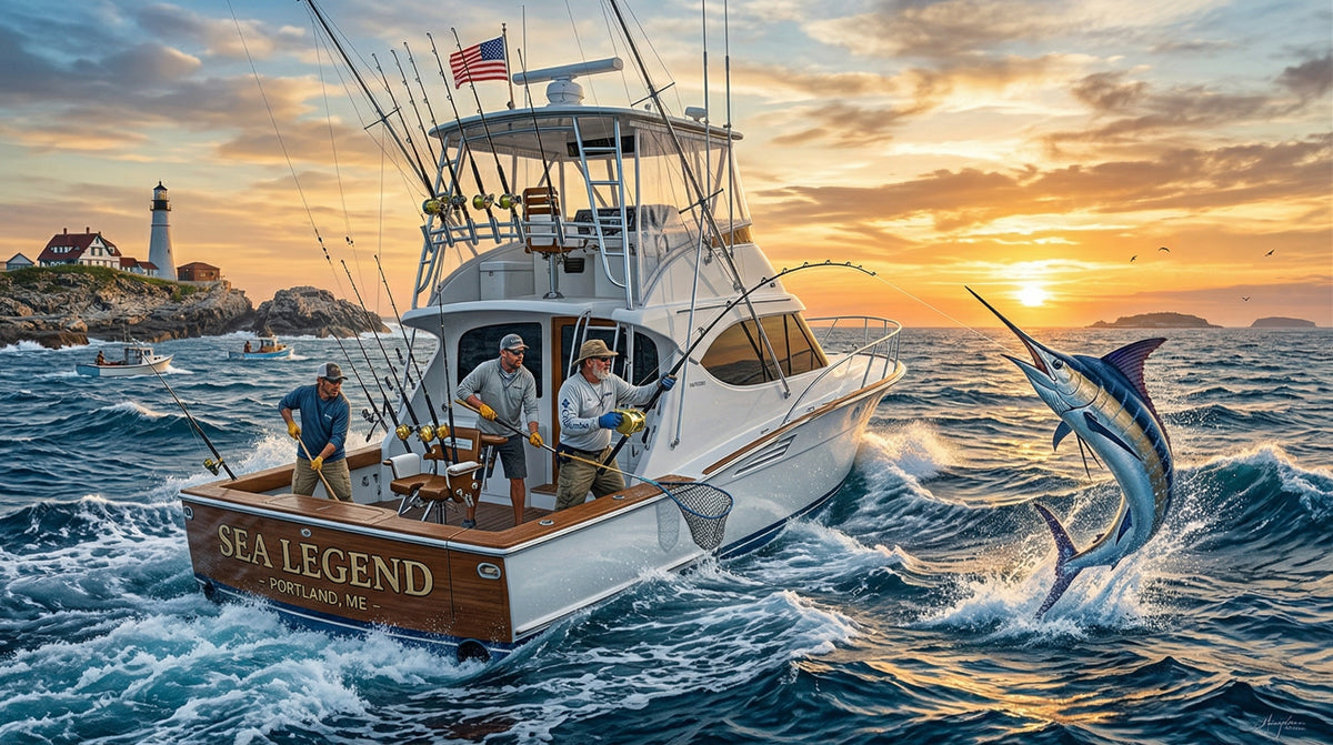 A realistic mural of a sport fishing boat catching a marlin at sunset with a lighthouse in the background.