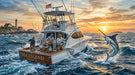 A realistic mural of a sport fishing boat catching a marlin at sunset with a lighthouse in the background.