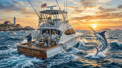 A realistic mural of a sport fishing boat catching a marlin at sunset with a lighthouse in the background.