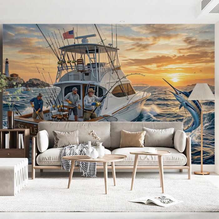 A casual living room wall decorated with a vibrant marlin fishing at sunset mural.