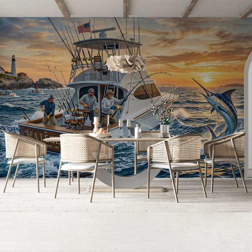 A game room featuring a nautical sport fishing mural on the wall.