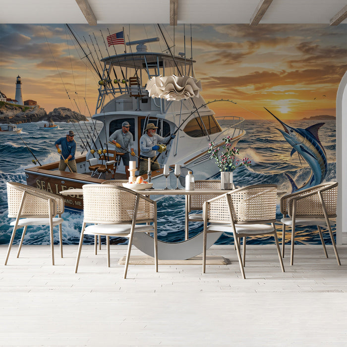 A game room featuring a nautical sport fishing mural on the wall.