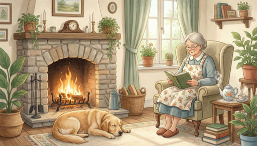 A cozy hand-drawn illustration of a stone fireplace with a sleeping dog, rendered in soft charcoal, sage green, and ochre.