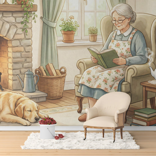 A cozy living room featuring the hearthside mural behind a classic velvet armchair.