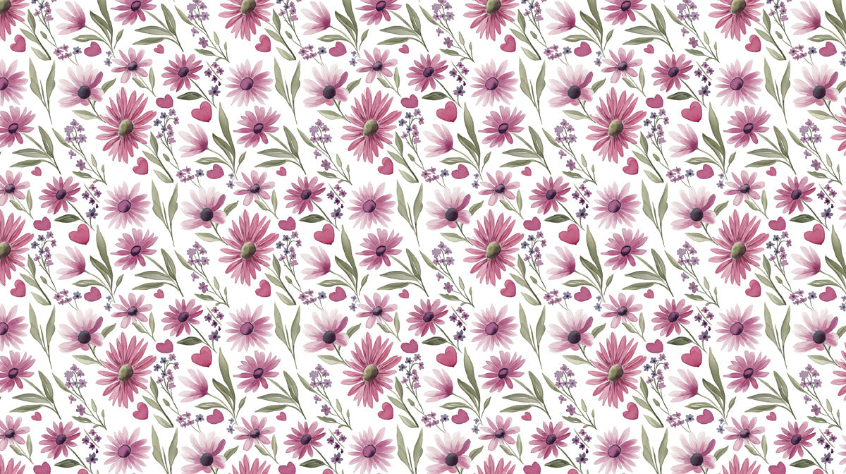 Floral wallpaper pattern featuring magenta daisies, lavender flowers, and small red hearts on white background