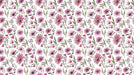 Floral wallpaper pattern featuring magenta daisies, lavender flowers, and small red hearts on white background