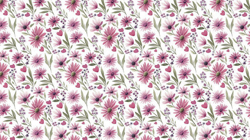 Floral wallpaper pattern featuring magenta daisies, lavender flowers, and small red hearts on white background