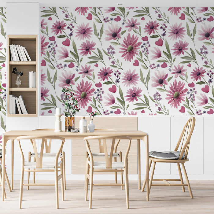 Playful daisy and heart pattern wallpaper featured in a creative kid's playroom space