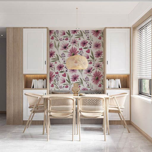 Whimsical daisy floral wallpaper installed in a cozy nursery with light wood furniture