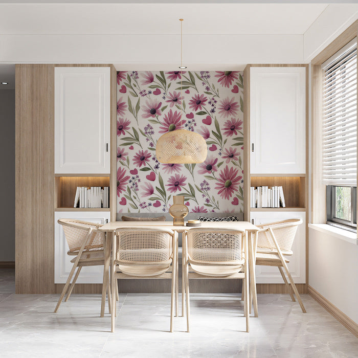 Whimsical daisy floral wallpaper installed in a cozy nursery with light wood furniture