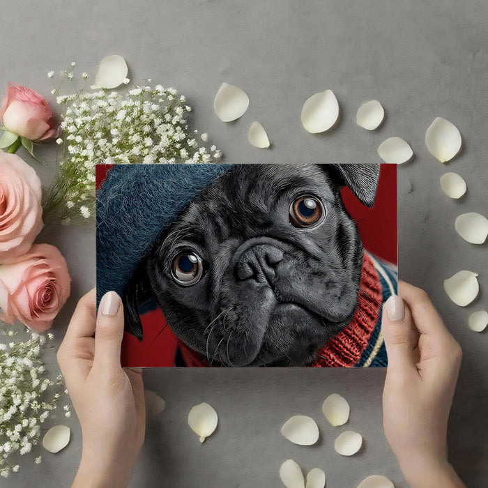 The character-filled pug mural used as an accent in a bright and creative home office space.