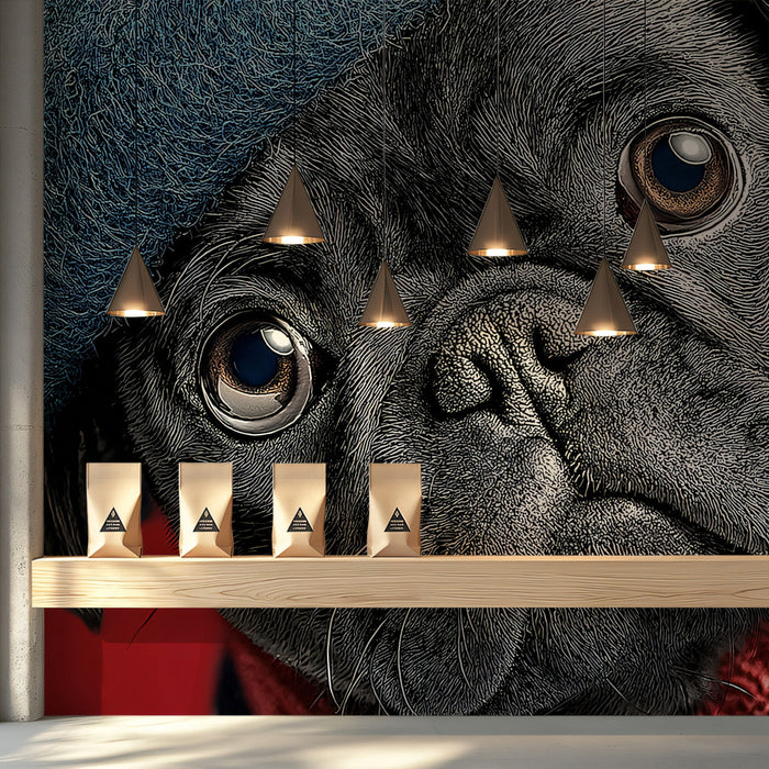 Playful pug portrait wallpaper in a modern entryway, adding personality to the home entrance.