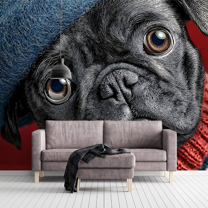 A whimsical pug portrait wallpaper installed on a feature wall in a contemporary living room.