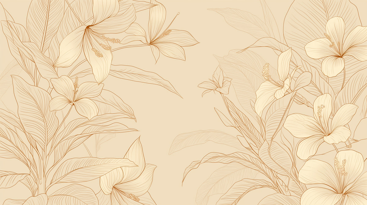 Floral line art wallpaper in warm caramel and oat beige with hand-drawn botanical petals and leaves