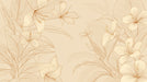 Floral line art wallpaper in warm caramel and oat beige with hand-drawn botanical petals and leaves