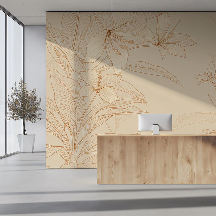 Sophisticated beige floral wall mural in a modern dining room setting
