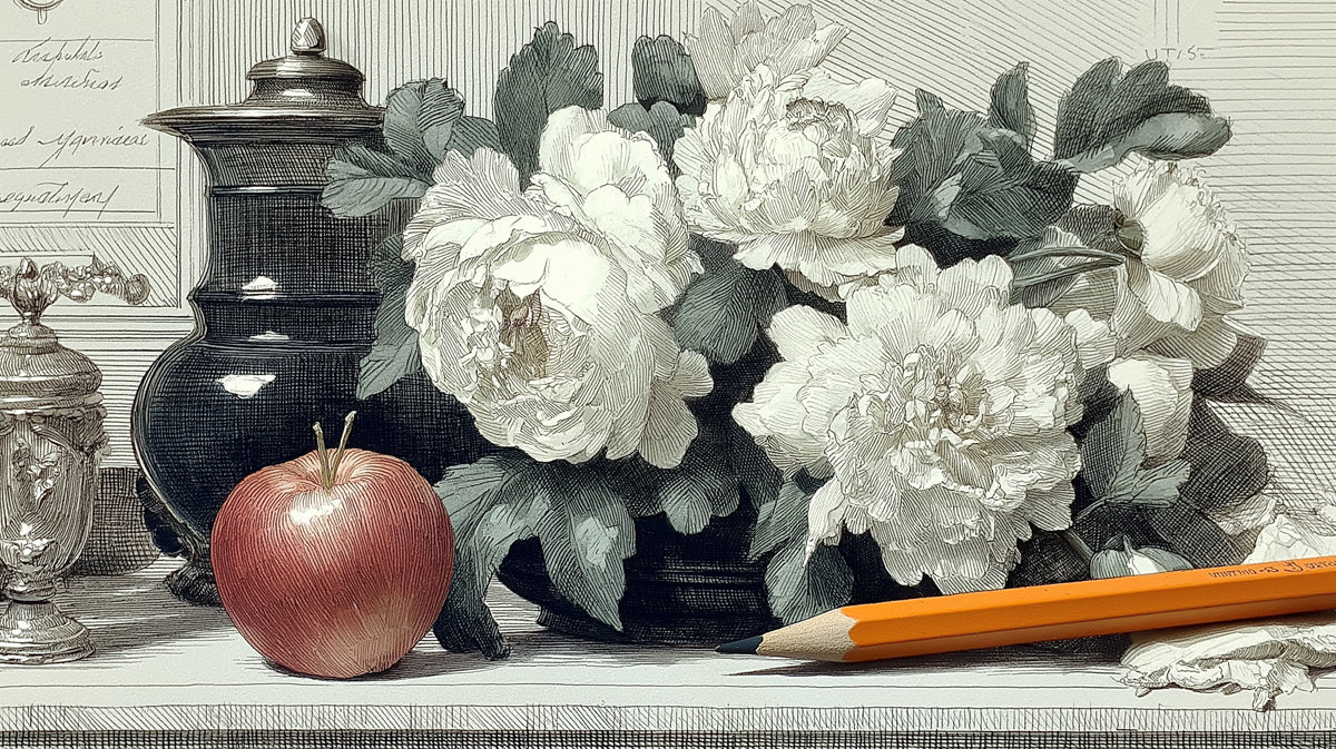 A vintage-style botanical mural showing an etched sketch of peonies, a dark vase, and a single apple on a table.