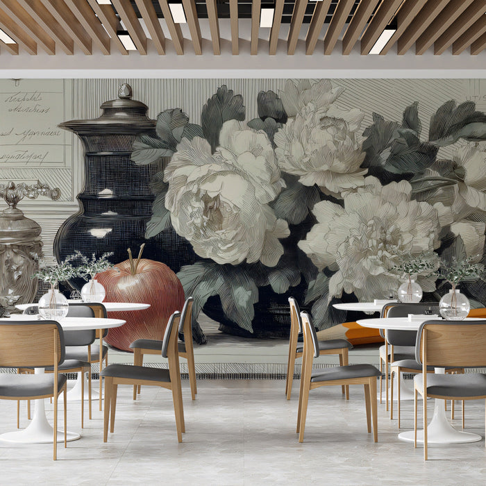 A library or study space decorated with an elegant charcoal and white botanical still life wall mural.