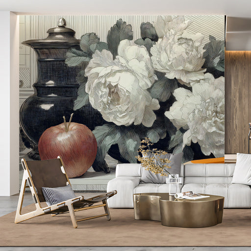 A sophisticated home office featuring a vintage floral sketch mural on the main wall behind a mahogany desk.