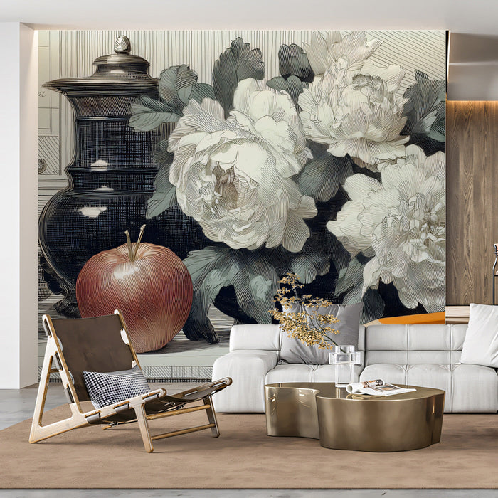 A sophisticated home office featuring a vintage floral sketch mural on the main wall behind a mahogany desk.