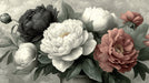 A painterly floral wallpaper pattern featuring large peony blossoms in dusty rose, cream, and charcoal gray against a clouded background.