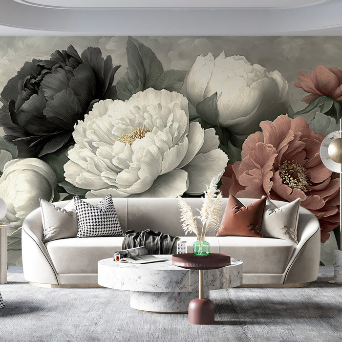 A refined home library or study room with a vintage floral mural that provides an artistic backdrop for bookshelves.