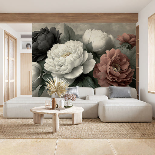 A cozy bedroom featuring a floral bouquet mural on the accent wall behind a dark wood bed frame.
