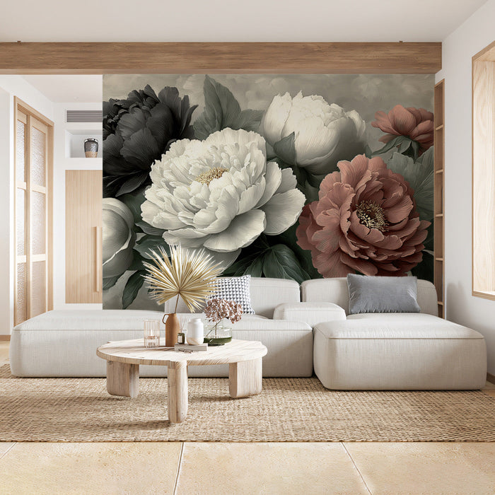 A cozy bedroom featuring a floral bouquet mural on the accent wall behind a dark wood bed frame.