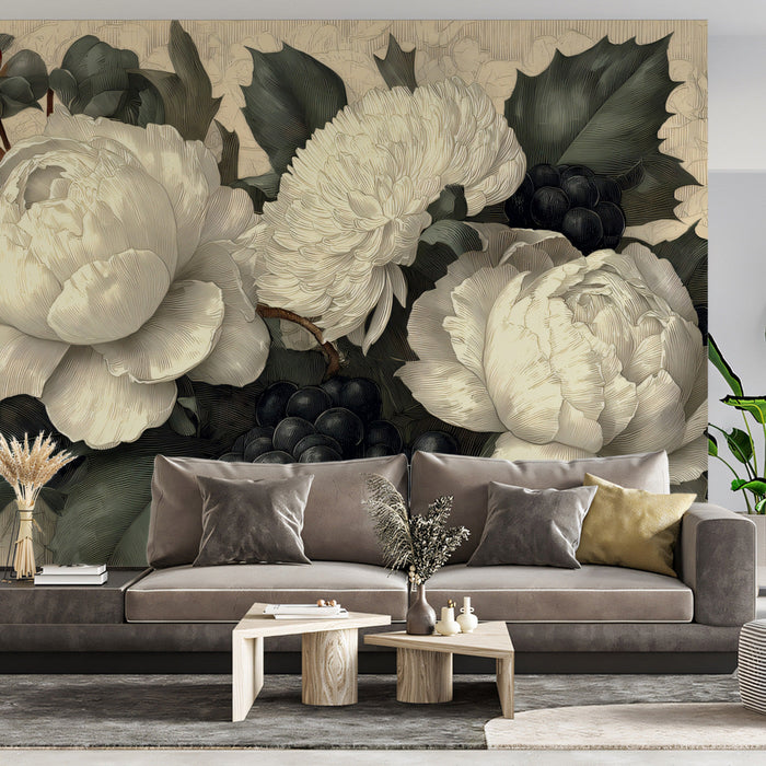 Traditional bedroom with an intricate floral and berry mural above a classic headboard.