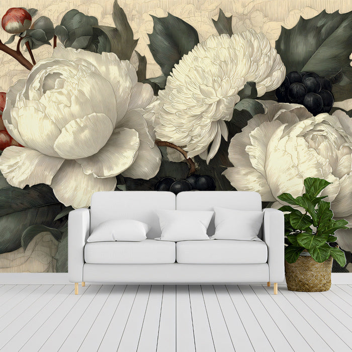A sophisticated dining room with a large-scale botanical mural creating an elegant backdrop for a wooden table.