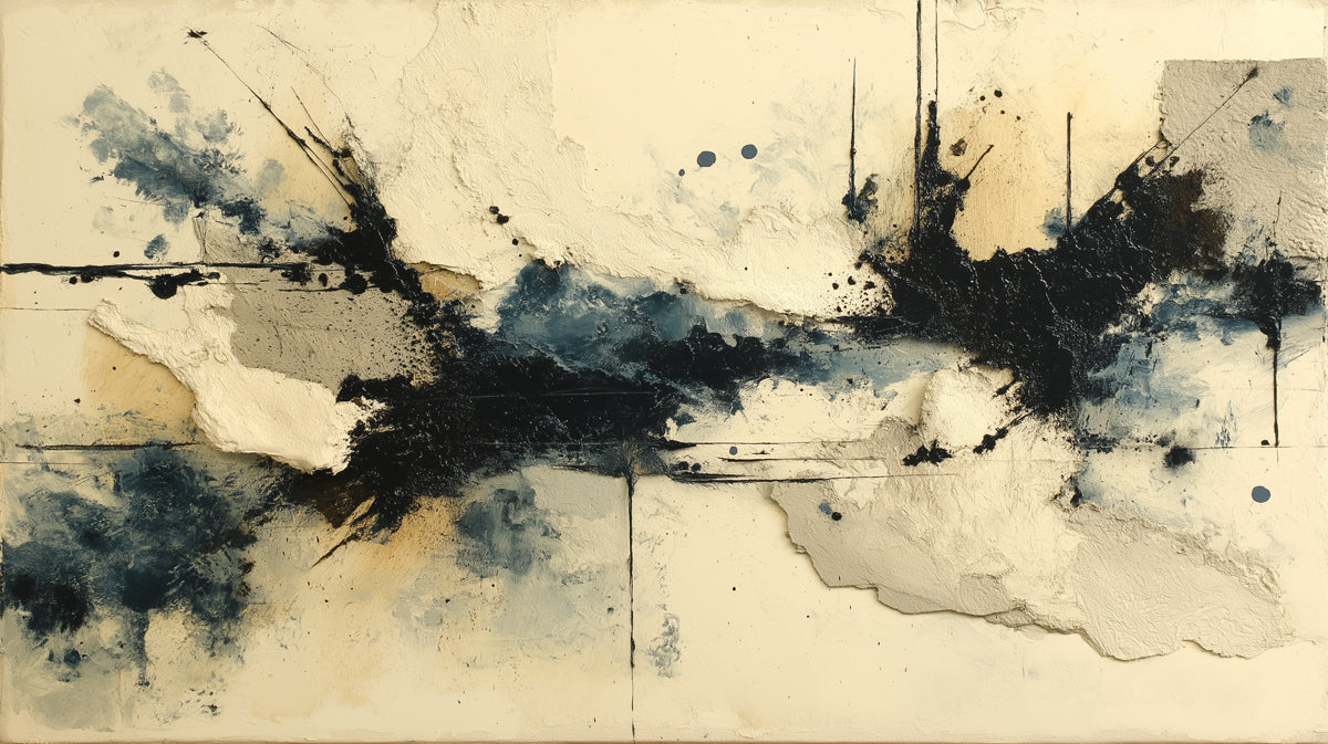 Abstract art wallpaper with navy and charcoal ink splashes on a textured cream plaster background