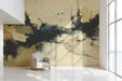 Modern living room featuring an abstract navy and charcoal textured mural behind a minimalist sofa
